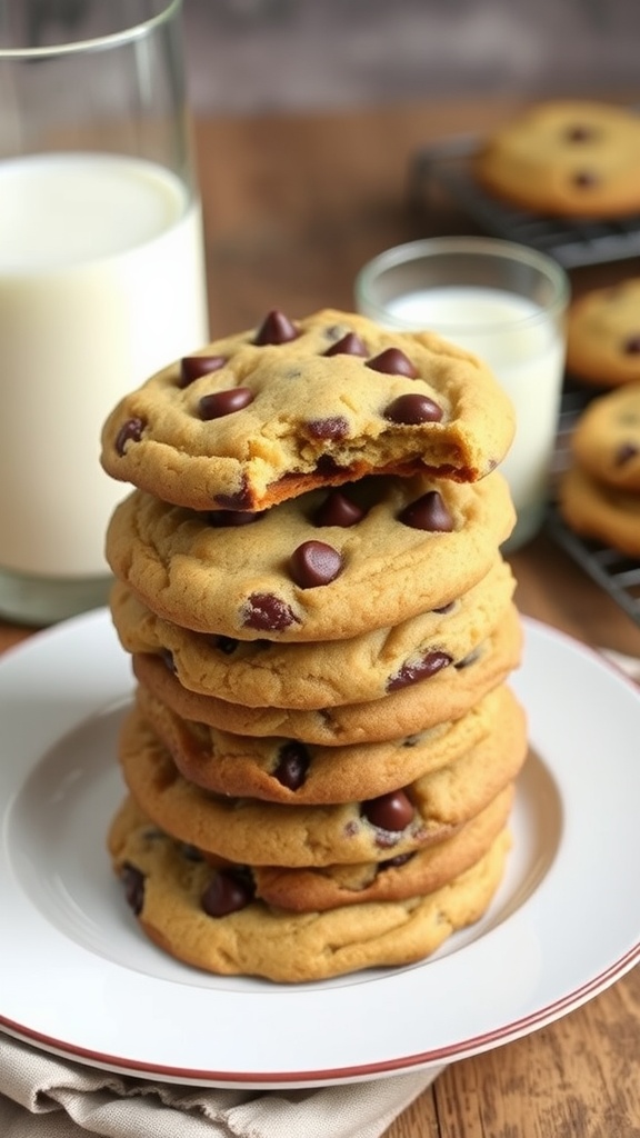 A stack of chocolate chip cookies on a plate with a glass of milk in a cozy kitchen setting.